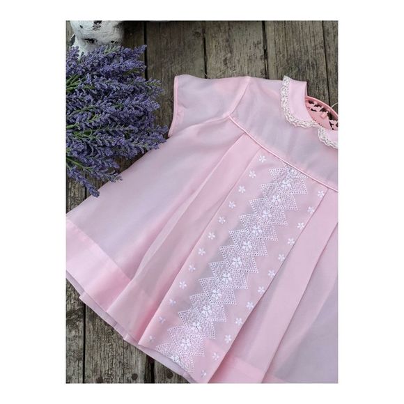 1950s Goosey Gander Pink Party Dress White Floral Embroidery Peter Pan Collar - Picture 1 of 16